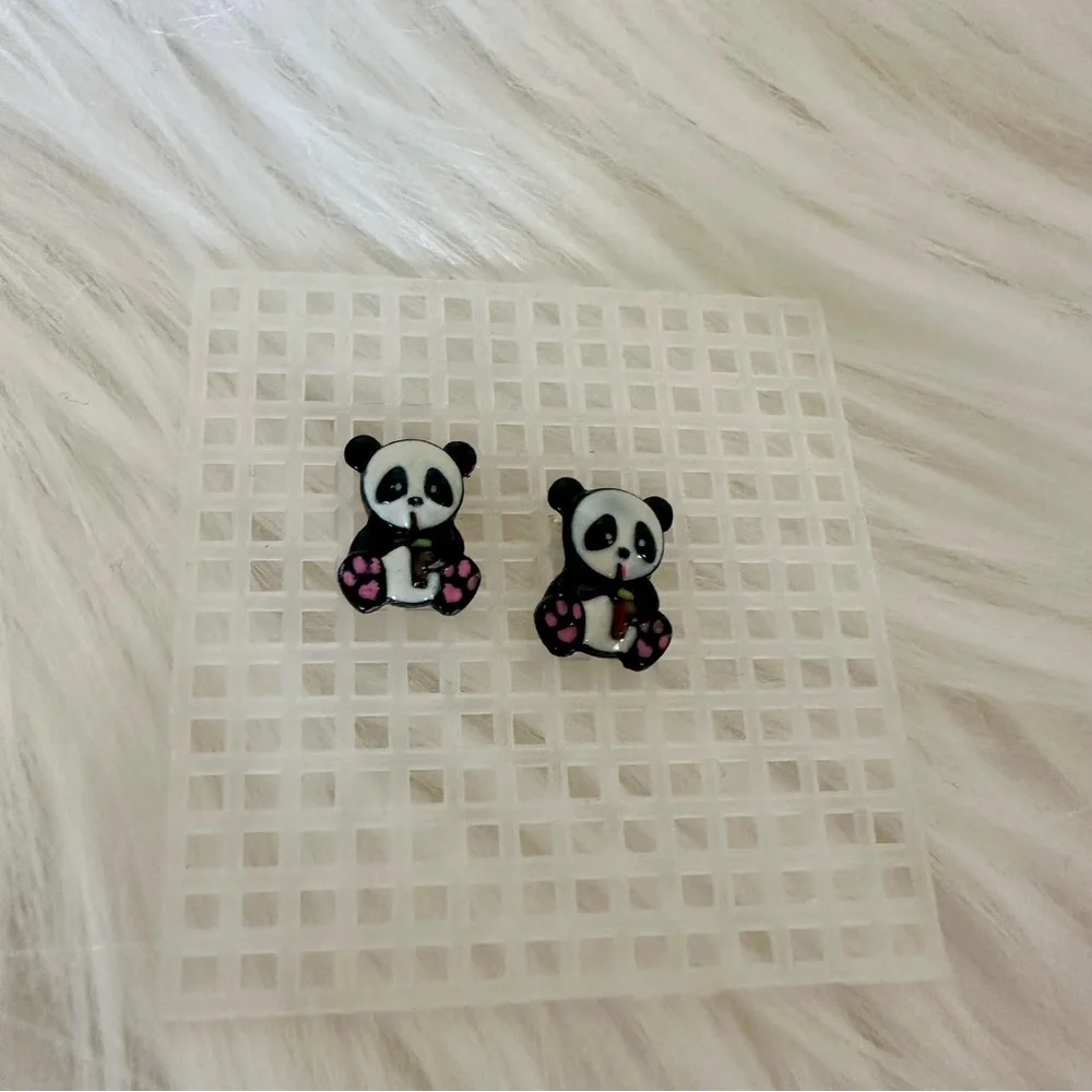 Cute Enamel Panda Small Stud Pierced Earrings, Pair - Picture 2 of 5
